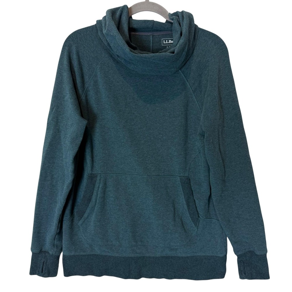 L.L.Bean Sweatshirt Womens Large Blue Cowl Neck Fleece Pullover Kangaroo Pocket